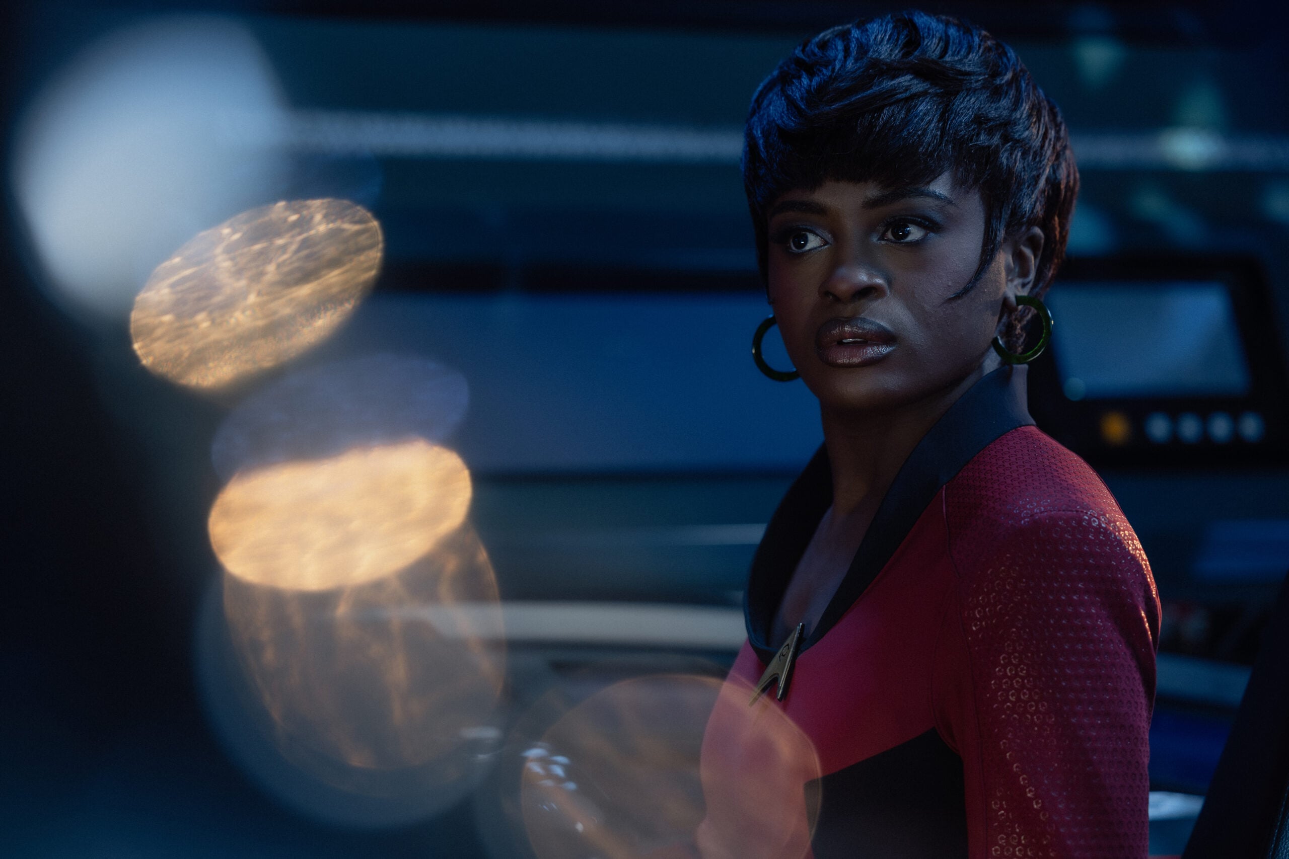 Star Trek: Strange New Worlds Season 4 Episode 10 - Celia Rose Gooding | Tell-Tale TV Still from Star Trek: Strange New Worlds Season 4 Episode 10 of Celia Rose Gooding as Uhura. Star Trek: Strange New Worlds Season 4 Episode 10 Preview: A Timey Wimey Finale Still from Star Trek: Strange New Worlds Season 4 Episode 10 of Celia Rose Gooding as Uhura.