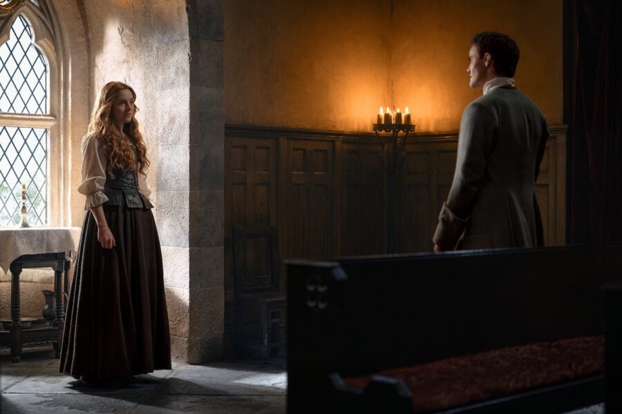 Blood of my Blood Episode 2, "The Veil of Time" - Left to Right: Left to Right: Harriet Slater (“Ellen MacKenzie”) and Séamus McLean Ross (“Colum MacKenzie”) | Tell-Tale TV Blood of my Blood Episode 2, "The Veil of Time" - Left to Right: Left to Right: Harriet Slater (“Ellen MacKenzie”) and Séamus McLean Ross (“Colum MacKenzie”) Outlander: Blood of my Blood Season 2 Episode 2 Review: There are Ghouls About