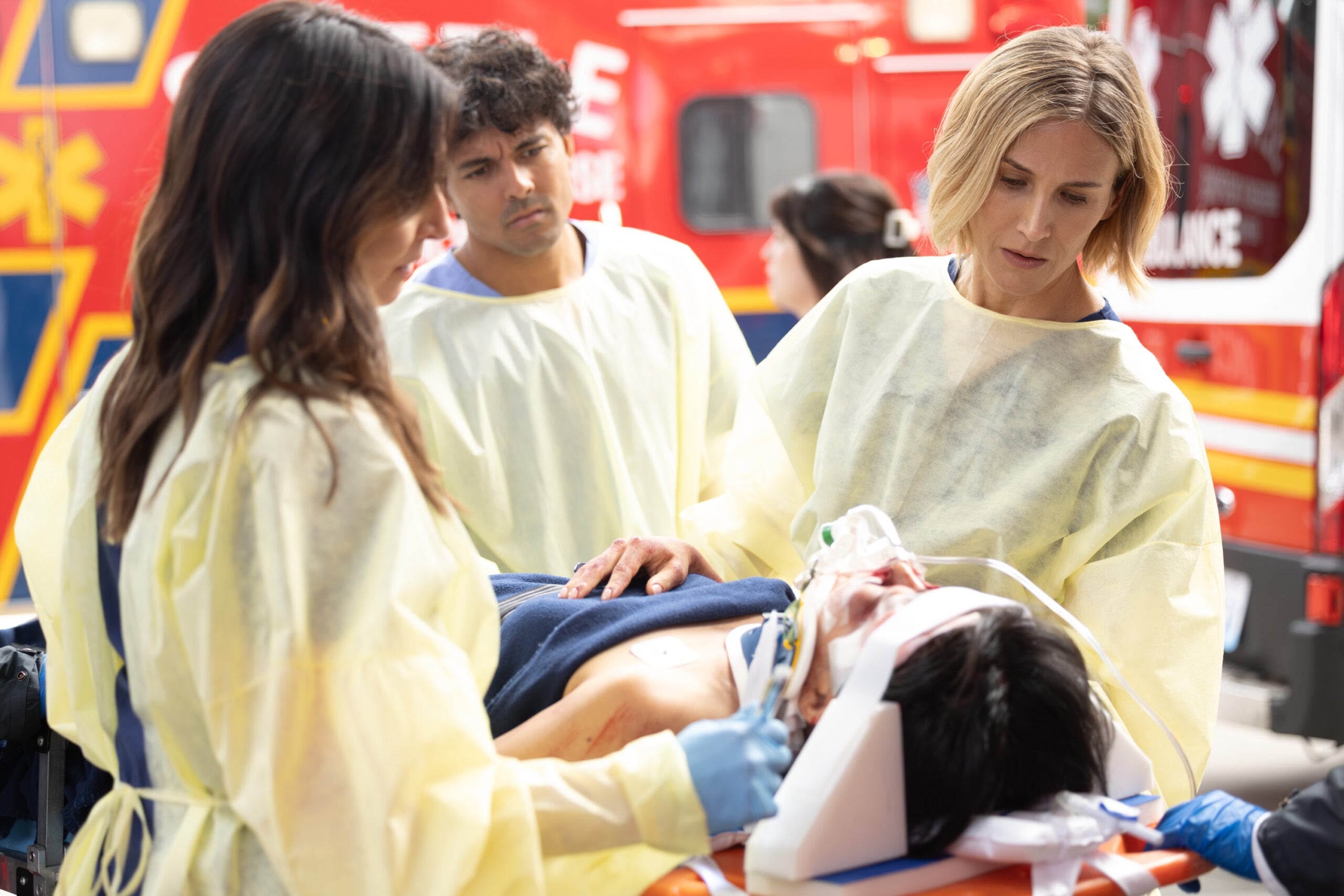 Grey's Anatomy Season 23 Episode 1 - CATERINA SCORSONE, NIKO TERHO, JEN LANDON | Tell-Tale TV still from Grey What to Watch on TV This Week: Grey’s Anatomy, The Diplomat, Crystal Lake, and More still from Grey's Anatomy Season 23 Episode 1 of CATERINA SCORSONE, NIKO TERHO, and JEN LANDON pictured from left to right.'s Anatomy Season 23 Episode 1 of CATERINA SCORSONE, NIKO TERHO, and JEN LANDON pictured from left to right.