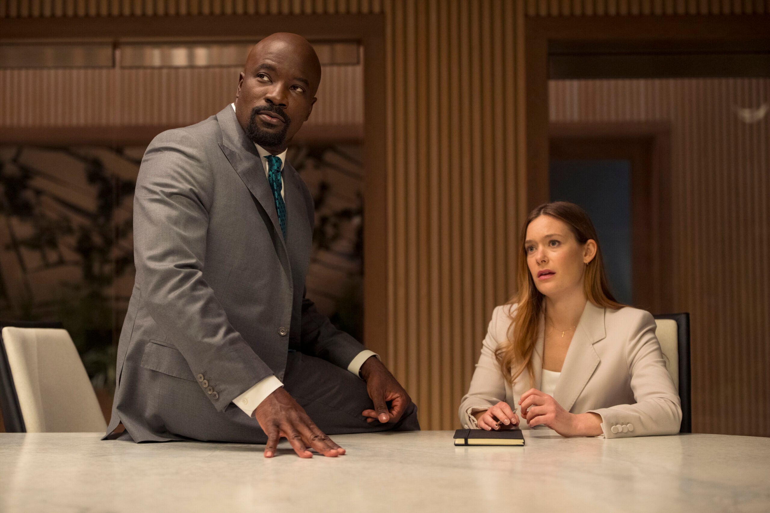 Still from Cupertino Season 1 Episode 3 of Mike Colter as Michael Price and Rachel Keller as Olivia Siffre pictured from left to right. Cupertino Season 1 Episode 3 Preview: Trouble Making Exes Still from Cupertino Season 1 Episode 3 of Mike Colter as Michael Price and Rachel Keller as Olivia Siffre pictured from left to right.