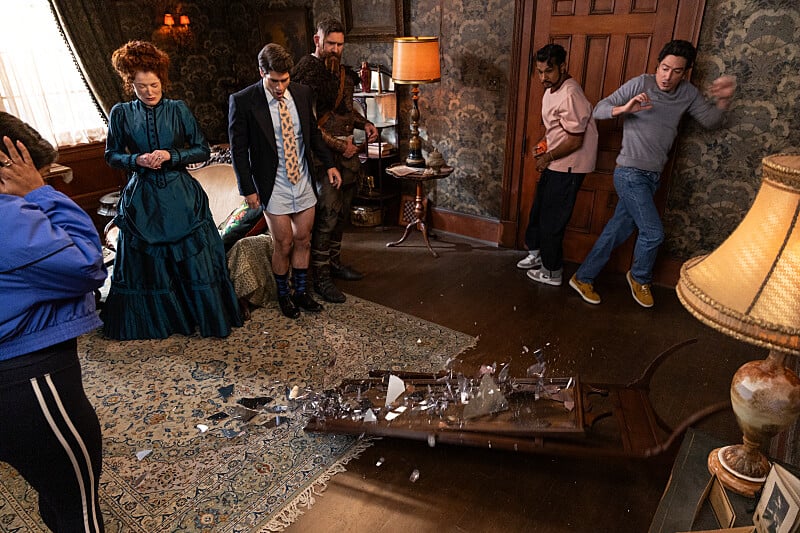 Halloween 6: The Mirror - Part One - Punam Patel, Rebecca Wisocky, Devan Chandler Long, Utkarsh Ambudkar, and Ben Feldman | Tell-Tale TV Still from Halloween 6: The Mirror - Part One of Punam Patel as Bela, Rebecca Wisocky as Hetty, Devan Chandler Long as Thor, Utkarsh Ambudkar as Jay, and Ben Feldman as Kyle pictured from lef to right. What to Watch on TV This Week: AHS 13, Ghosts, Dexter: Resurrection, and More Still from Halloween 6: The Mirror - Part One of Punam Patel as Bela, Rebecca Wisocky as Hetty, Devan Chandler Long as Thor, Utkarsh Ambudkar as Jay, and Ben Feldman as Kyle pictured from lef to right.